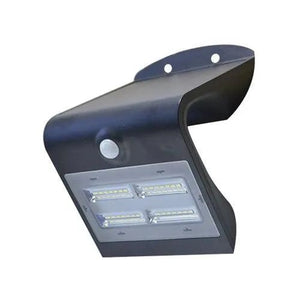 Black solar-powered LED garden light with curved top, motion sensor, and four LED panels mounted on white background.