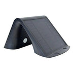 Black triangular solar garden light with motion sensor and angled solar panel, product shot on white background.