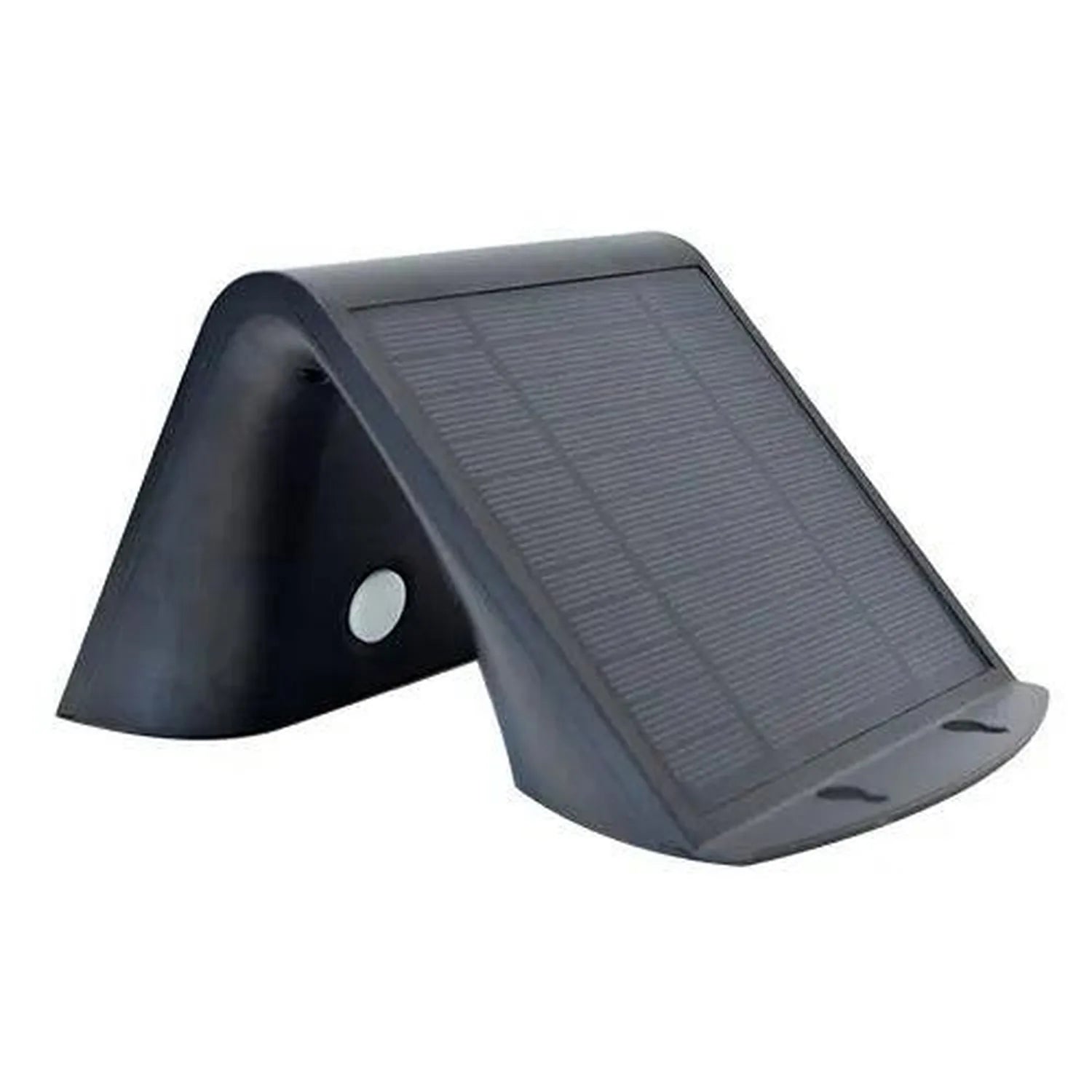 Black triangular solar garden light with motion sensor and angled solar panel, product shot on white background.