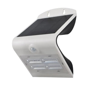 White solar LED wall light with motion sensor and four LED panels, mounted bracket visible.