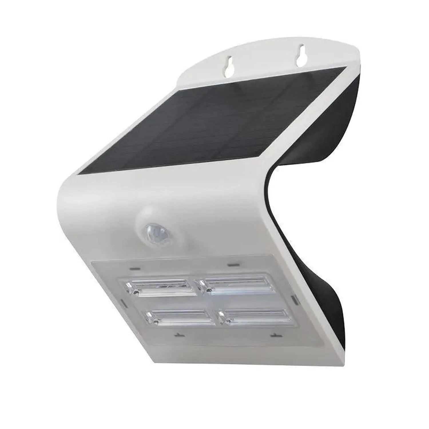 White solar LED wall light with motion sensor and four LED panels, mounted bracket visible.