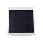 White solar garden light with black solar panel and two mounting holes, product shot on white background.