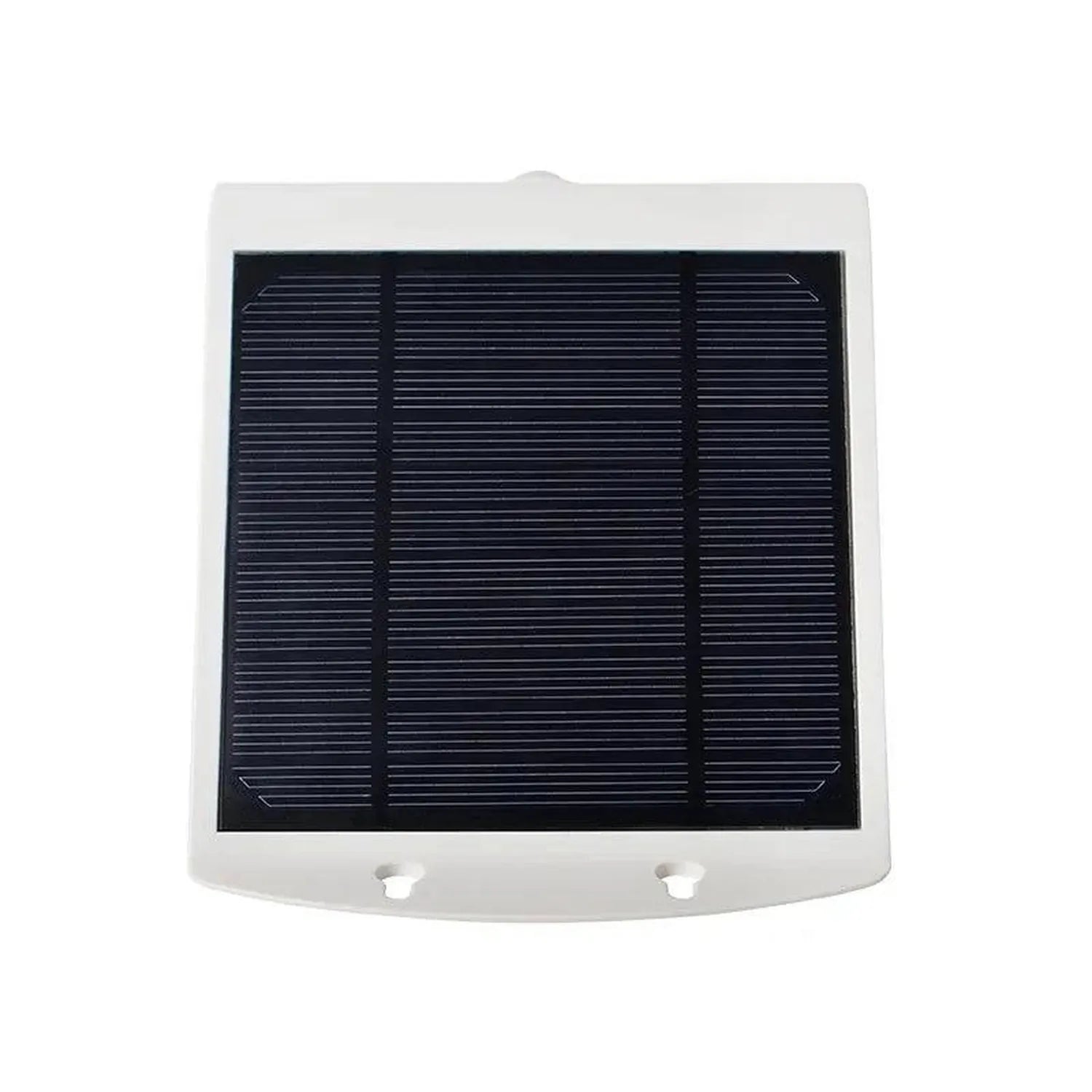 White solar garden light with black solar panel and two mounting holes, product shot on white background.
