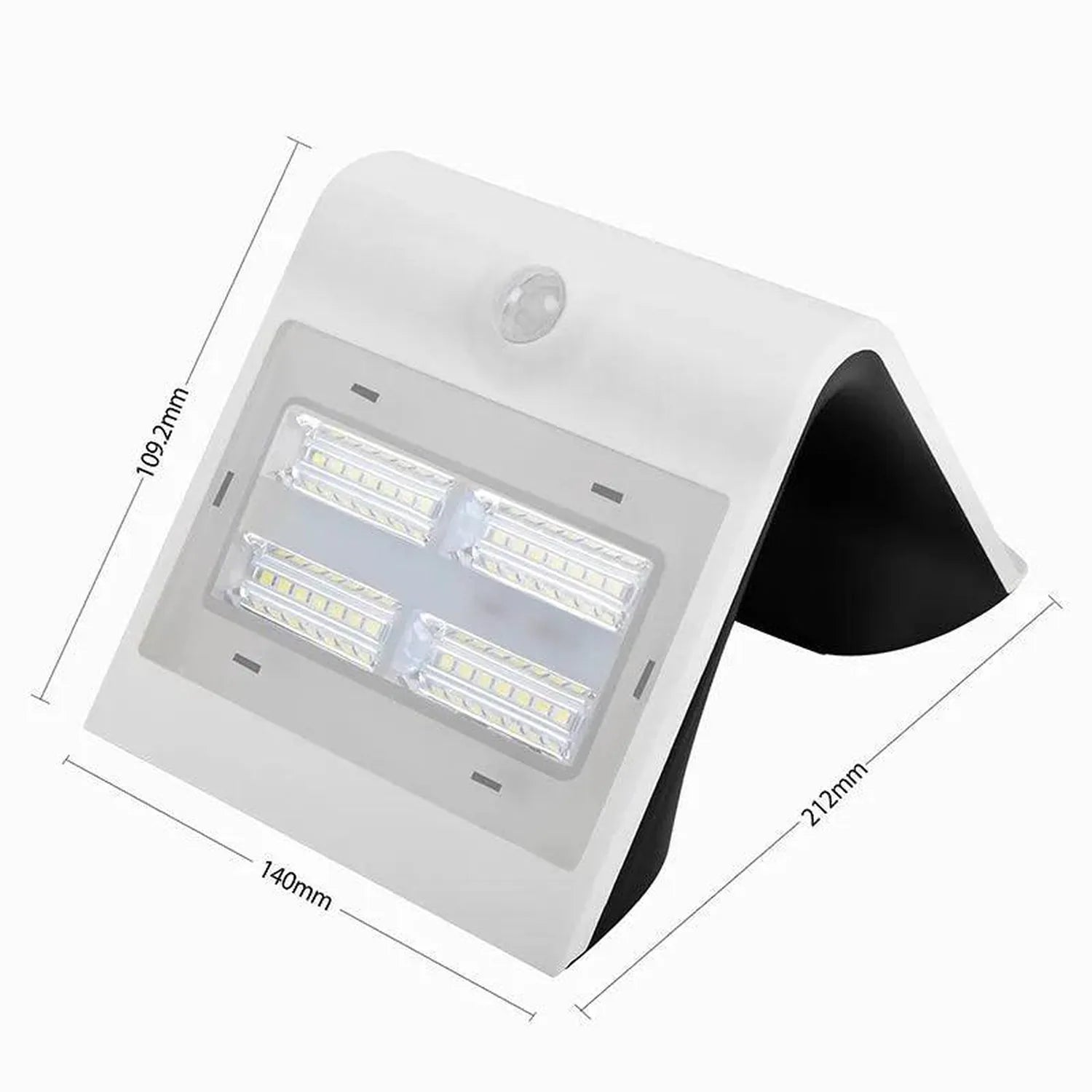 Solar LED garden light with dimensions shown, white body with black side panel and LED array visible, includes PIR sensor on 