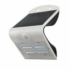 White solar-powered wall light with motion sensor, four LED panels, and black solar panel on top, shown at an angle.