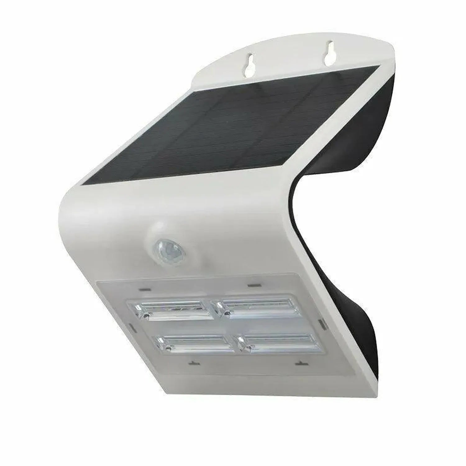 White solar-powered wall light with motion sensor, four LED panels, and black solar panel on top, shown at an angle.