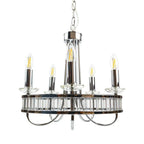Chrome and crystal five-light chandelier with LED filament bulbs, hanging against white background.
