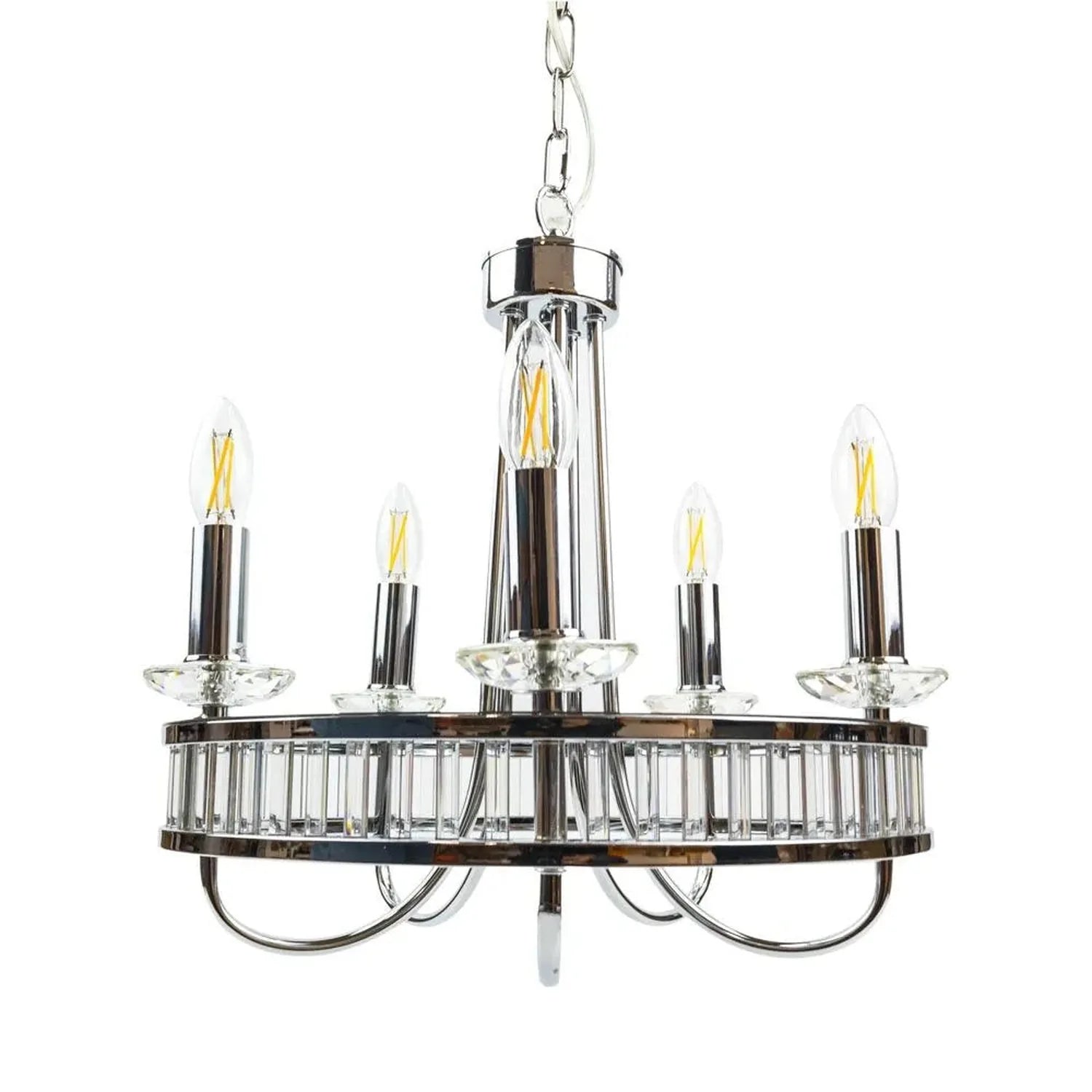 Chrome and crystal five-light chandelier with LED filament bulbs, hanging against white background.