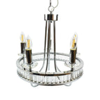 Chrome and crystal 5-light LED chandelier with candle-style bulbs and decorative crystal drip bowl, displayed against white b