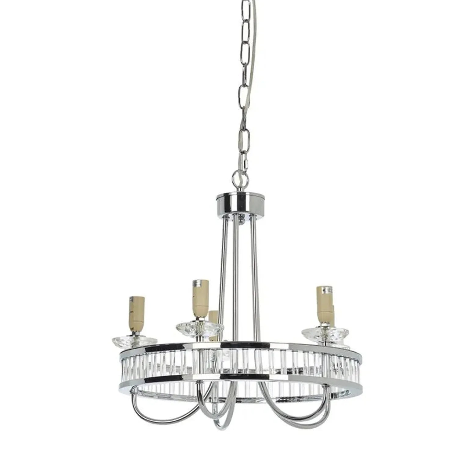 Chrome 5-light chandelier with crystal-cut glass panels, candle-style bulbs, and chain suspension against white background.