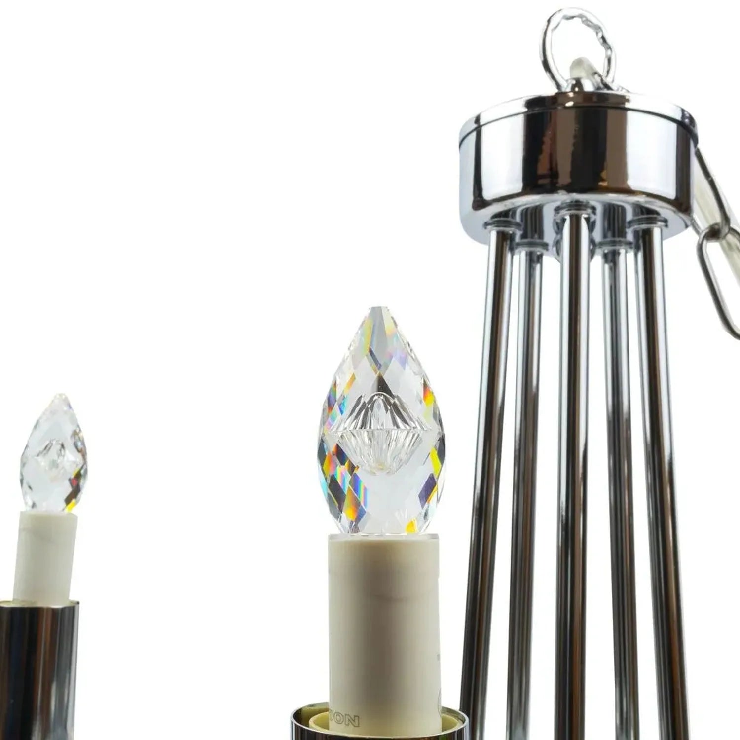 Three crystal LED candle bulbs with chrome and white fixtures, largest shown in tall cylindrical lantern with handle.