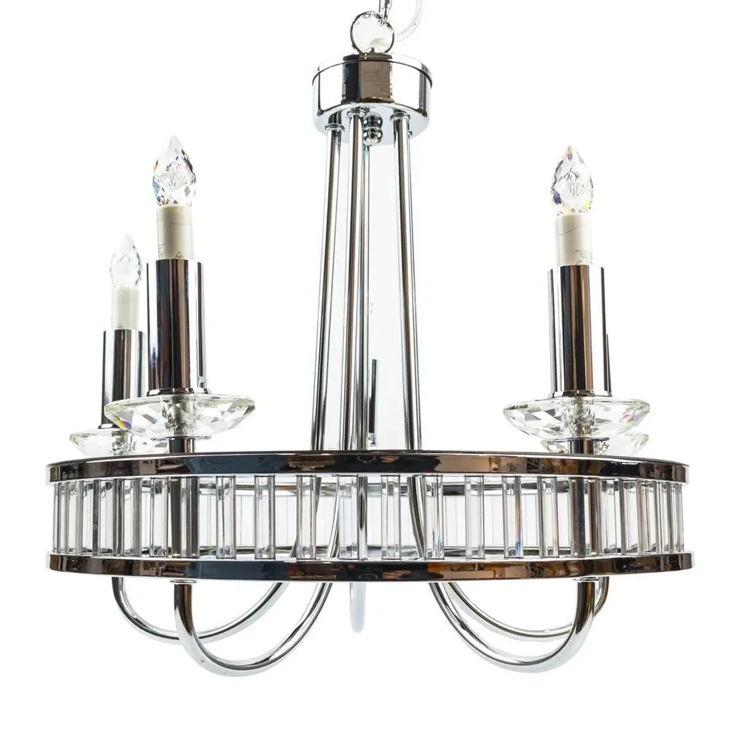 Chrome and crystal 5-light chandelier with teardrop pendants and cylindrical candle holders against white background.