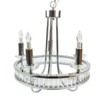 Chrome five-light chandelier with crystal-adorned candle sleeves and central stem, shown against white background.