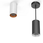 Two cylindrical LED pendant downlights shown from different angles: white with copper interior trim, and black with white int