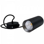 Black cylindrical LED pendant downlight with power cord and ceiling canopy, showing white LED lens with warm accent ring.