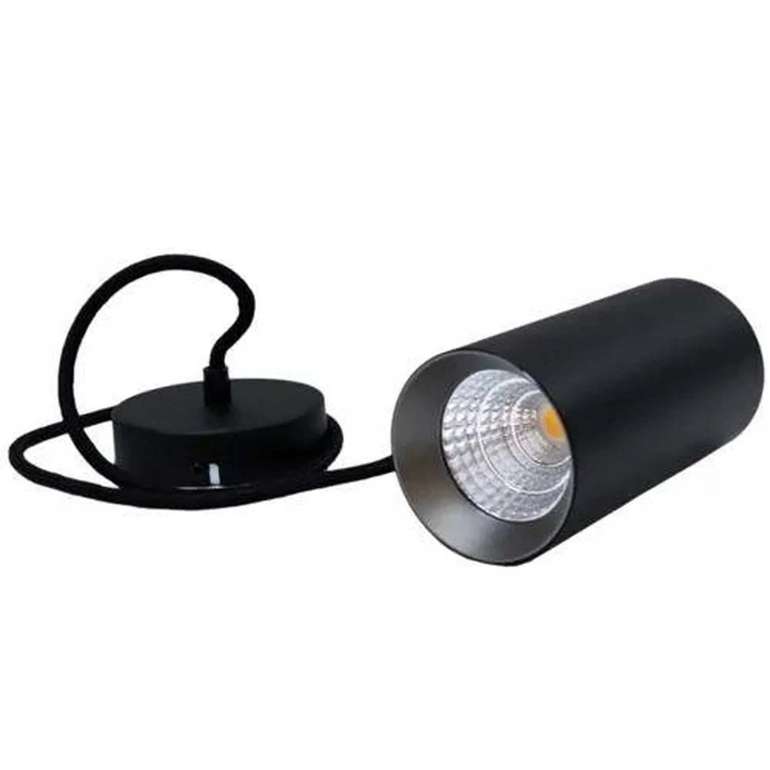 Black cylindrical LED pendant downlight with power cord and ceiling canopy, showing white LED lens with warm accent ring.
