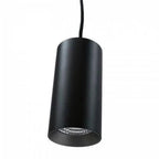 Black cylindrical LED pendant light with cord and downward-facing reflector, product shot on white background.