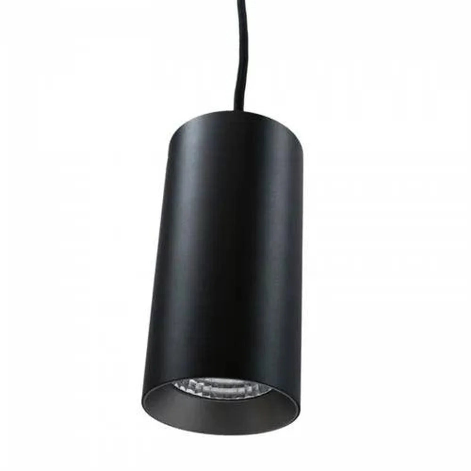 Black cylindrical LED pendant light with cord and downward-facing reflector, product shot on white background.