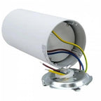 White cylindrical LED pendant downlight with open base showing yellow, brown, and blue electrical wires and connector termina