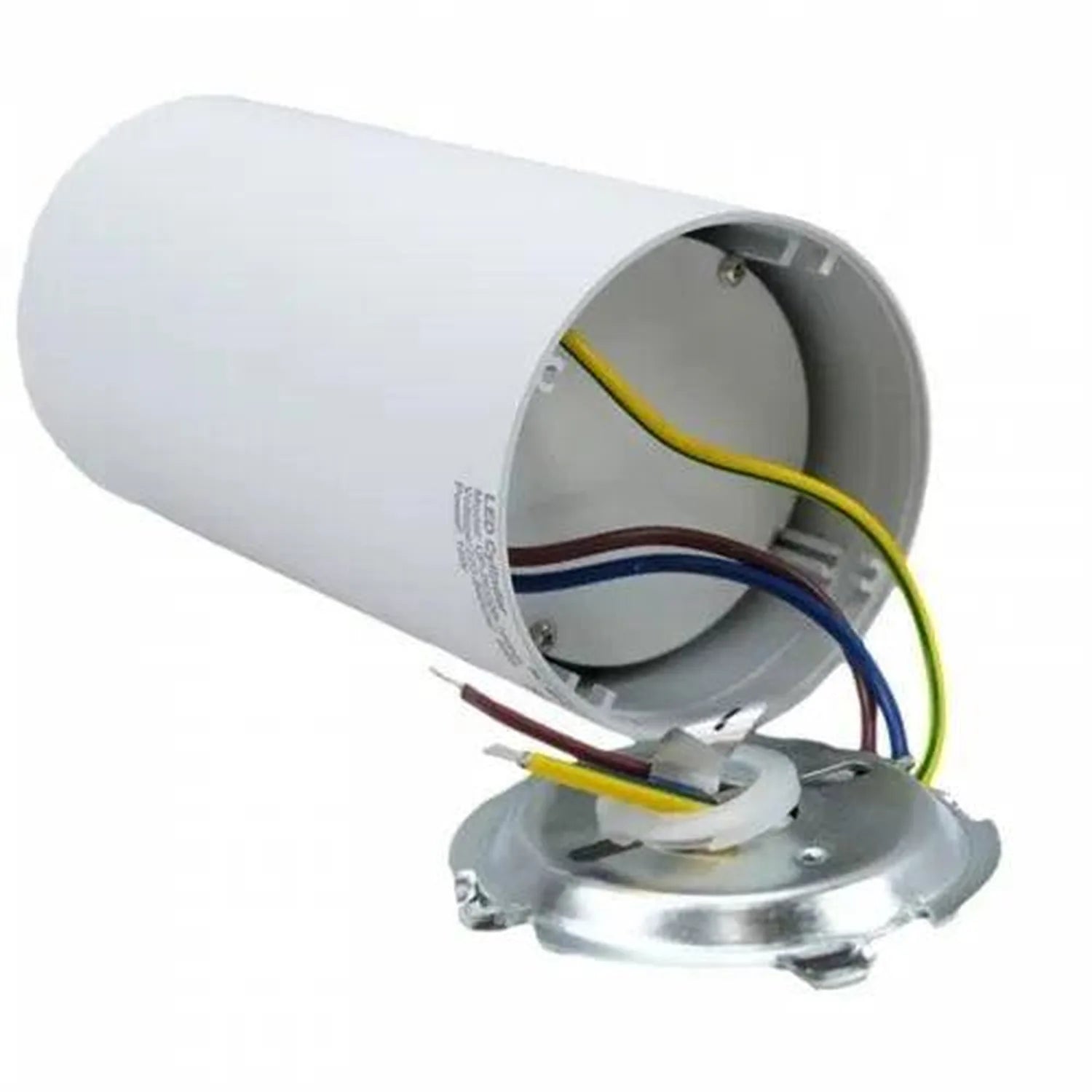 White cylindrical LED pendant downlight with open base showing yellow, brown, and blue electrical wires and connector termina