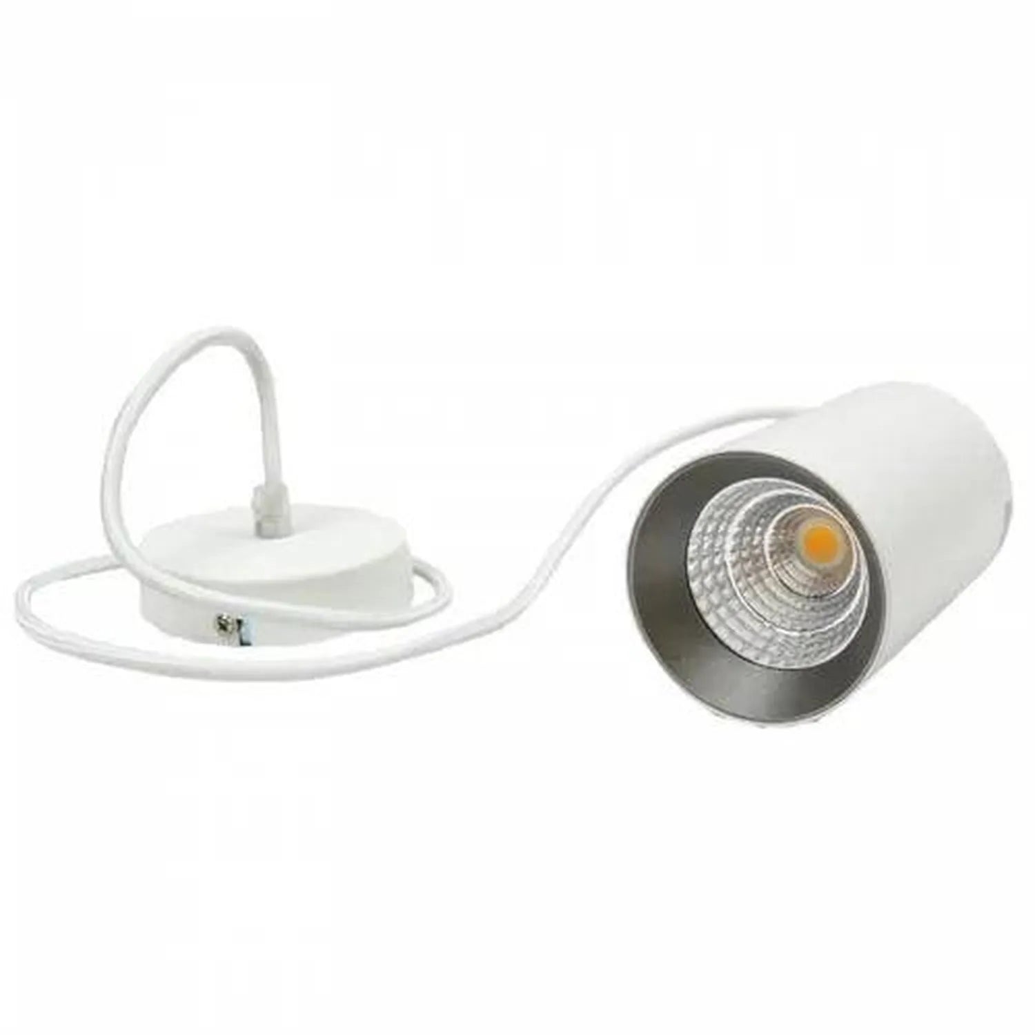 White cylindrical LED downlight with warm amber light source, shown with mounting plate and white cord against white backgrou