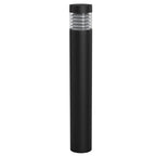Tall black cylindrical LED bollard light with clear top section showing horizontal louvers, isolated product shot on white ba