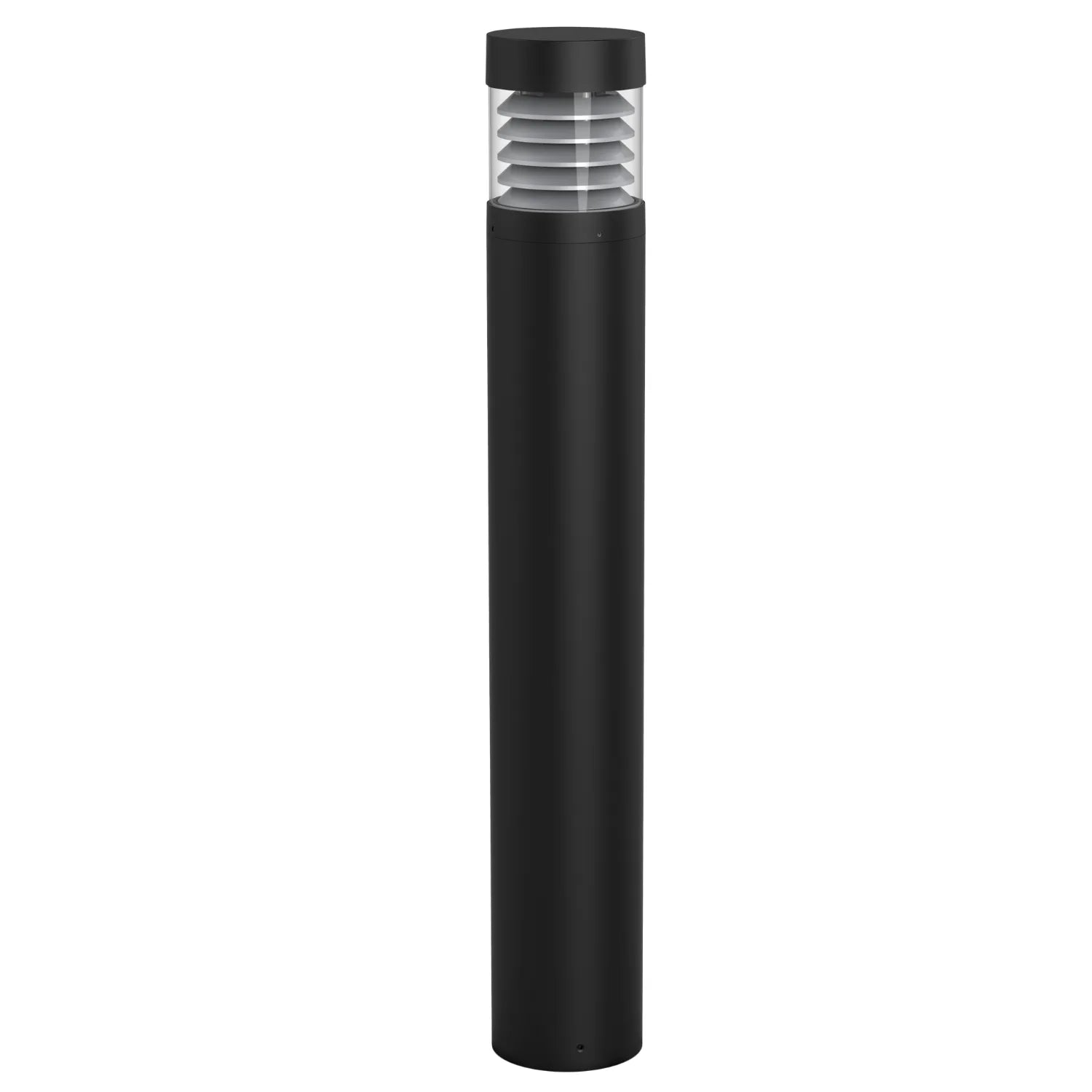 Tall black cylindrical LED bollard light with clear top section showing horizontal louvers, isolated product shot on white ba