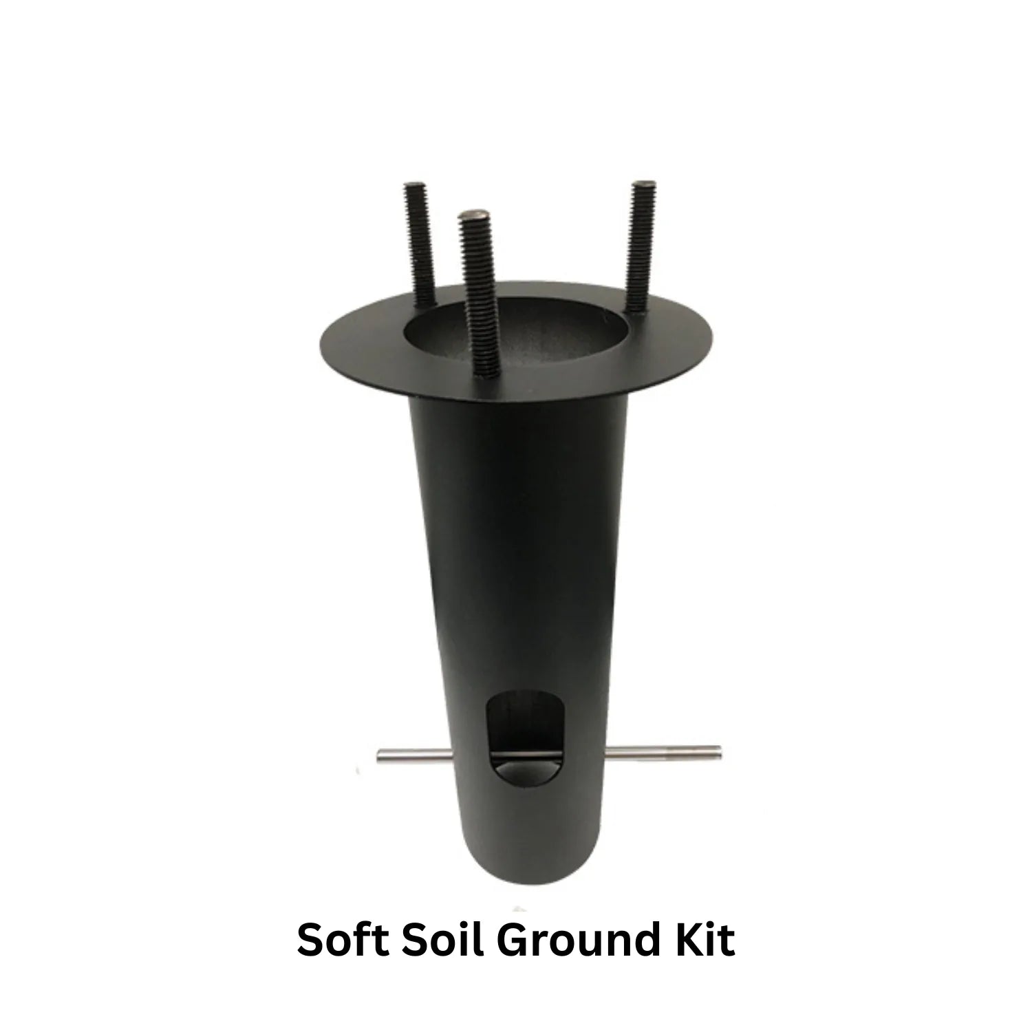 Black metal soft soil ground kit with cylindrical body, flange top, three threaded posts, and horizontal mounting bar.