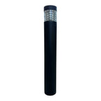 Tall black cylindrical LED bollard light with translucent top section and dark cap, product shot on white background.