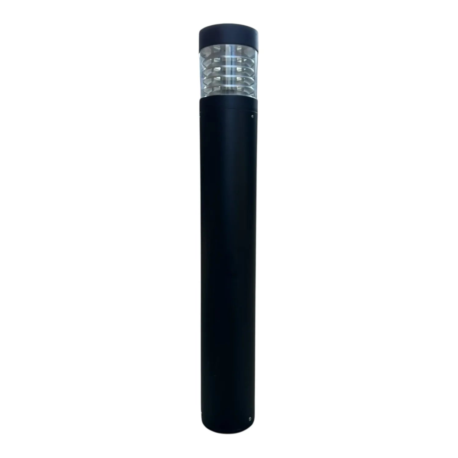 Tall black cylindrical LED bollard light with translucent top section and dark cap, product shot on white background.