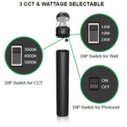 LED bollard light with three DIP switch controls showing color temperature, wattage, and photocell settings.