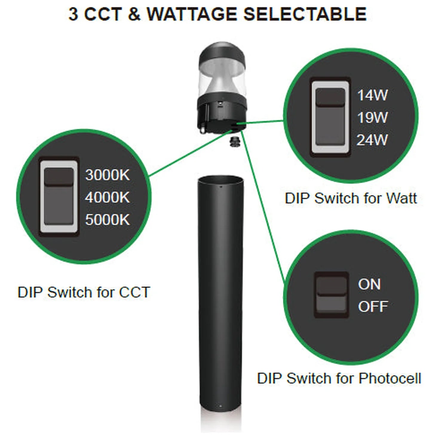 LED bollard light with three DIP switch controls showing color temperature, wattage, and photocell settings.