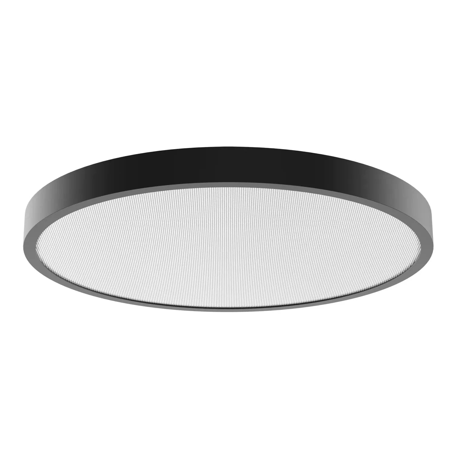 Black-framed round surface-mounted ceiling light with white diffuser panel, shown against plain background.