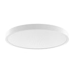 White circular surface mounted ceiling light with ribbed diffuser panel against neutral background.