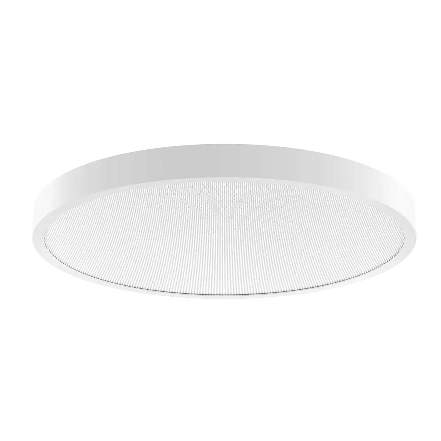 White circular surface mounted ceiling light with ribbed diffuser panel against neutral background.