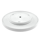 White circular ceiling light fixture shown from above, displaying mounting plate and central dome with ventilation holes.