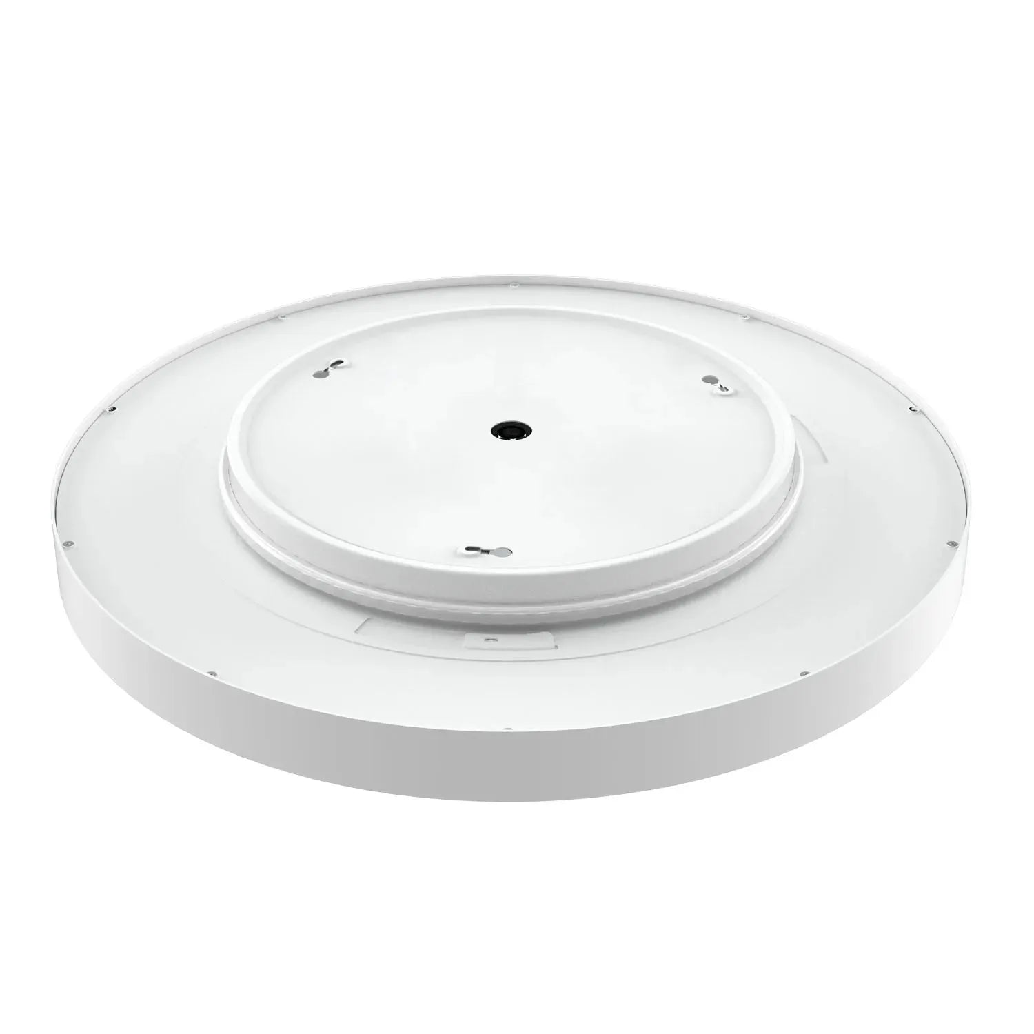 White circular ceiling light fixture shown from above, displaying mounting plate and central dome with ventilation holes.