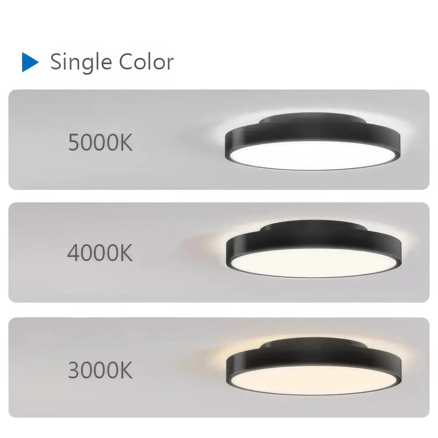 Three ceiling light fixtures shown side-by-side displaying color temperature options: 5000K cool white, 4000K neutral white, 