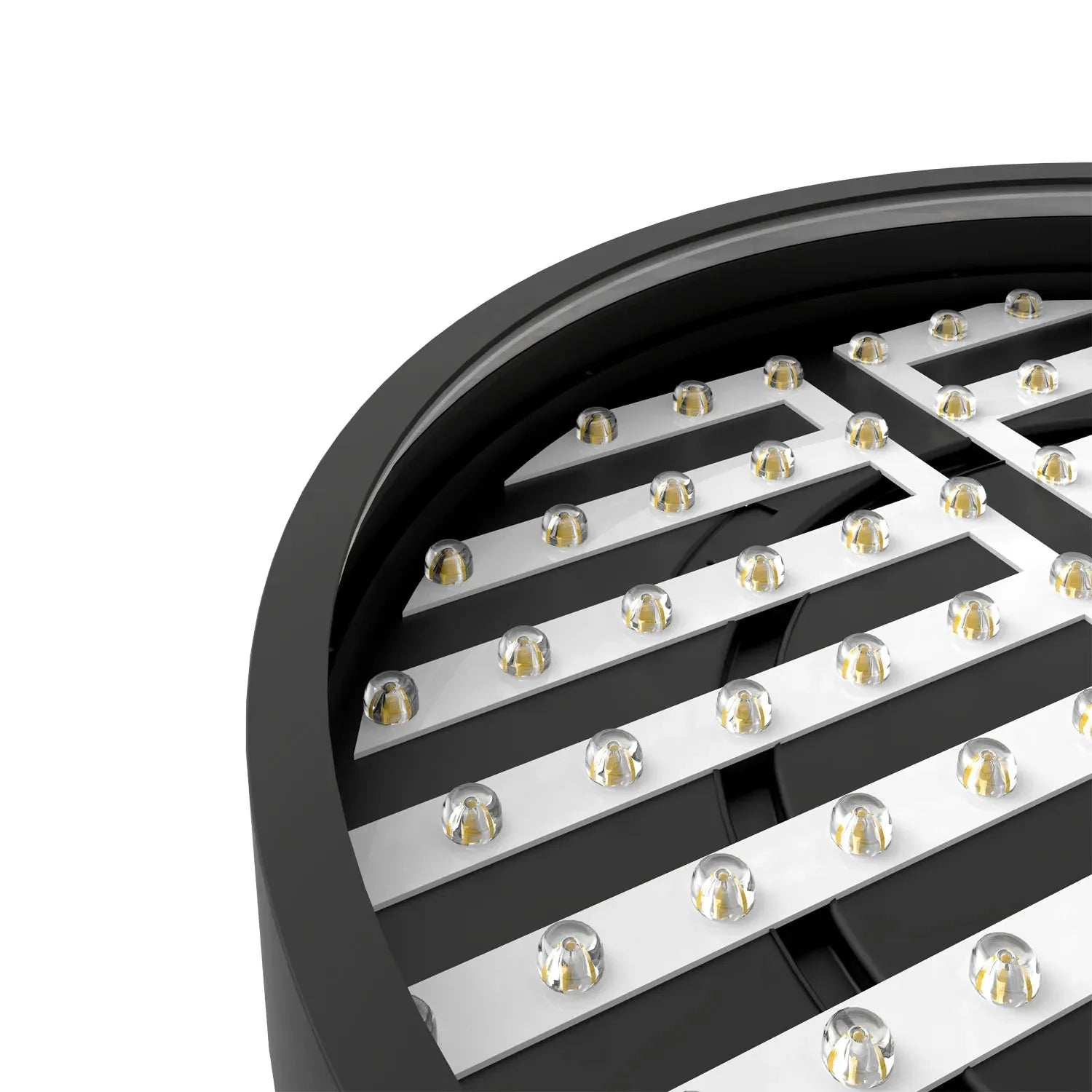 Close-up of circular ceiling light fixture showing white LED strips with amber light sources mounted on black curved housing.