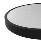 Circular surface-mounted ceiling light with black frame and white mesh diffuser, shown at angle against white background.