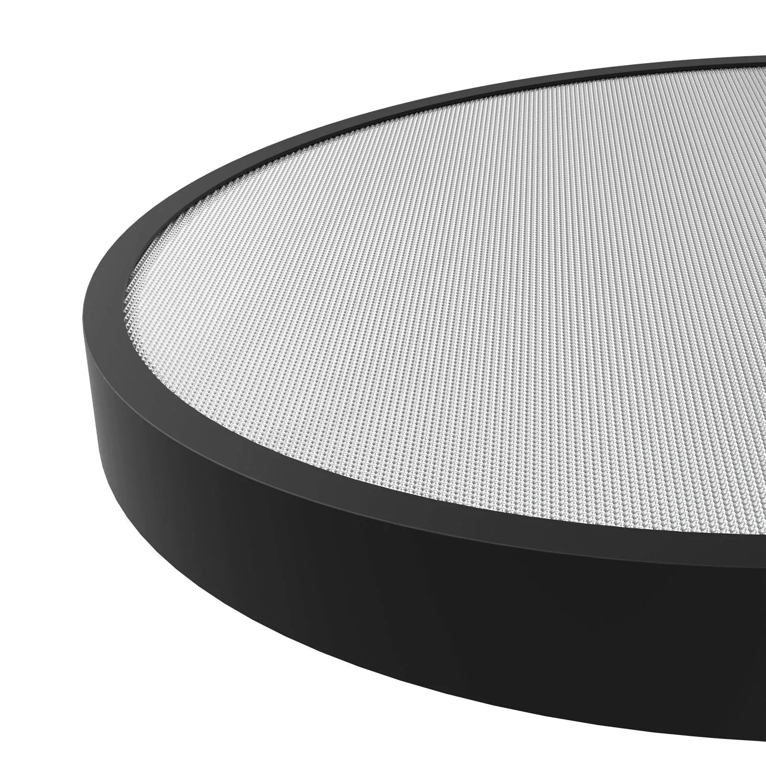 Circular surface-mounted ceiling light with black frame and white mesh diffuser, shown at angle against white background.