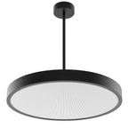 Black rod-mounted pendant ceiling light with large circular diffuser and frosted white panel, product shot on white backgroun