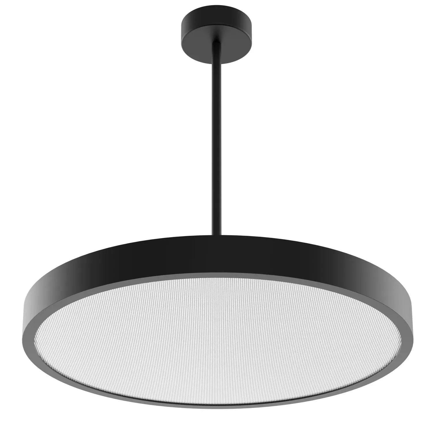Black rod-mounted pendant ceiling light with large circular diffuser and frosted white panel, product shot on white backgroun