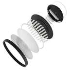 Exploded view diagram of LunaRing ceiling pendant showing layered components including black outer ring, white diffuser, LED 