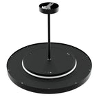 Black circular ceiling pendant light with central rod mount and white accent ring, shown against white background.
