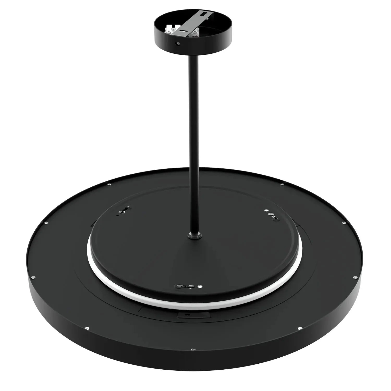 Black circular ceiling pendant light with central rod mount and white accent ring, shown against white background.