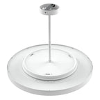 White circular pendant light fixture shown from underneath, displaying rod mount hardware and concentric ring design.