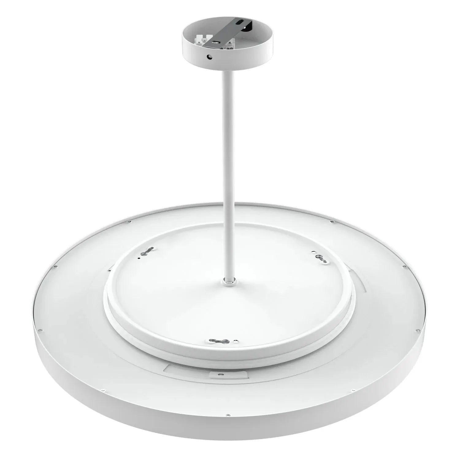 White circular pendant light fixture shown from underneath, displaying rod mount hardware and concentric ring design.