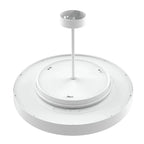 White modern ceiling pendant light shown from below, displaying circular diffuser with center rod and mounting canopy against