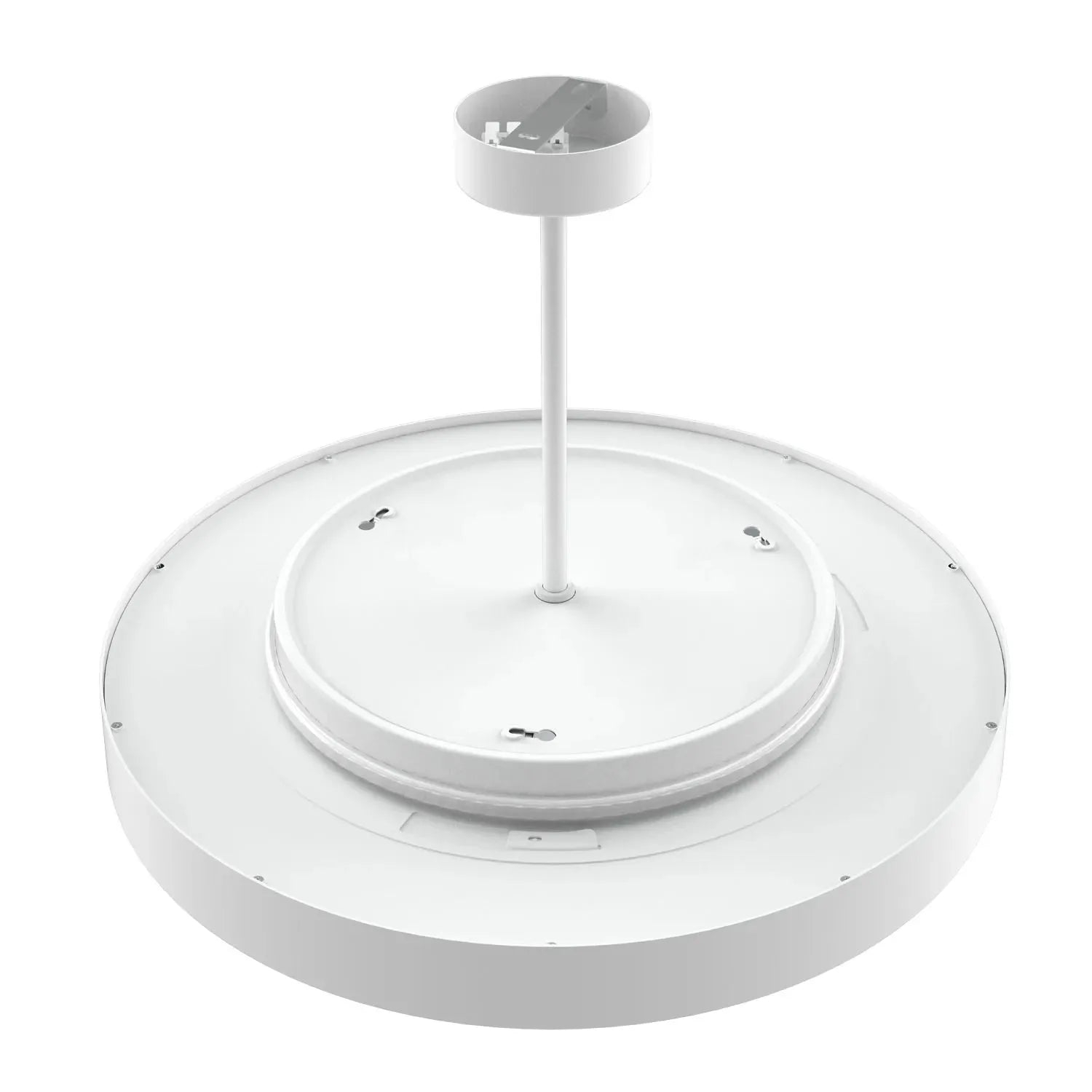White modern ceiling pendant light shown from below, displaying circular diffuser with center rod and mounting canopy against